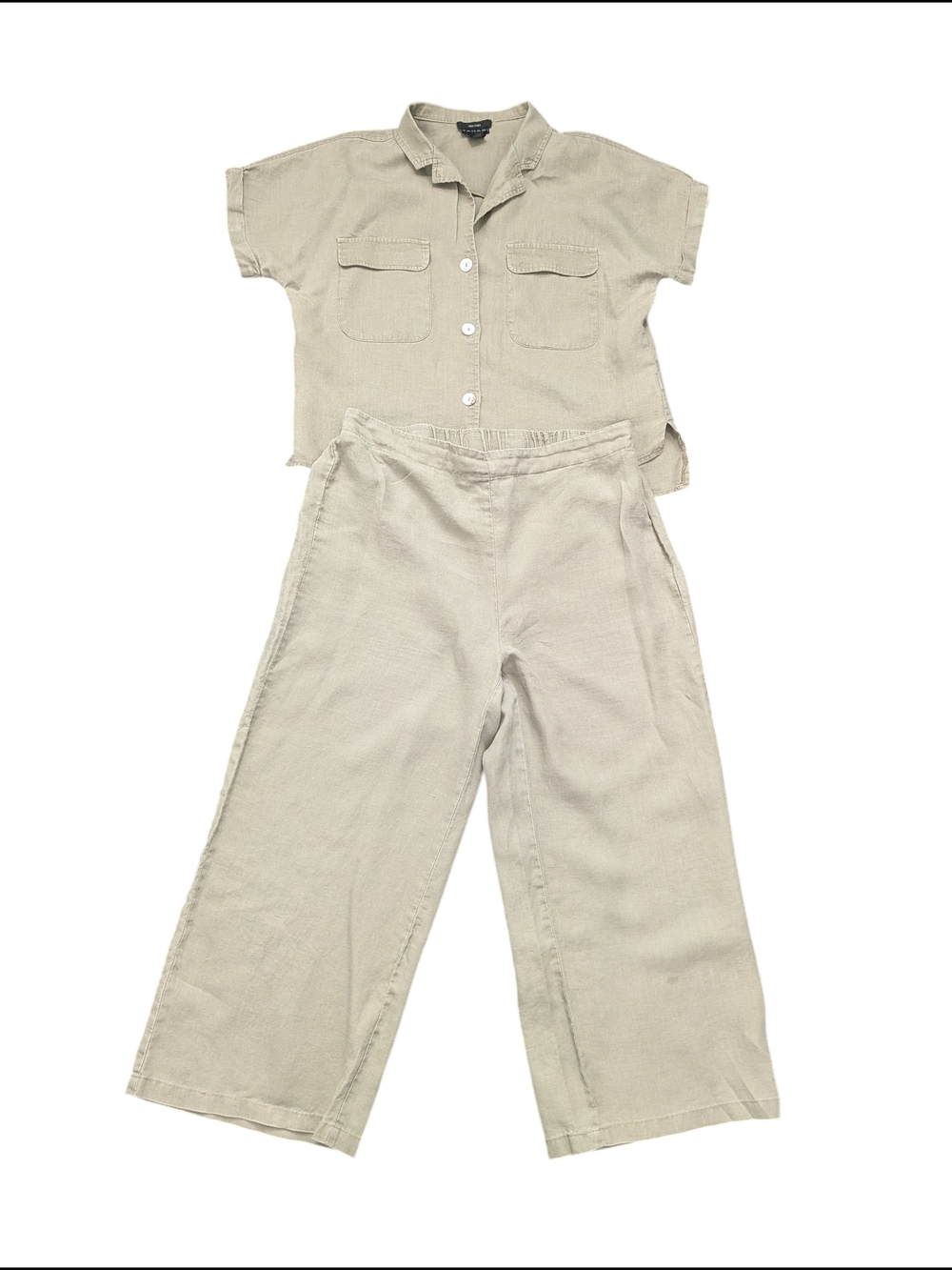 Tahari 100% Linen 2 Piece Set Beige Button Top Wide Leg Pants  Coastal Sz L